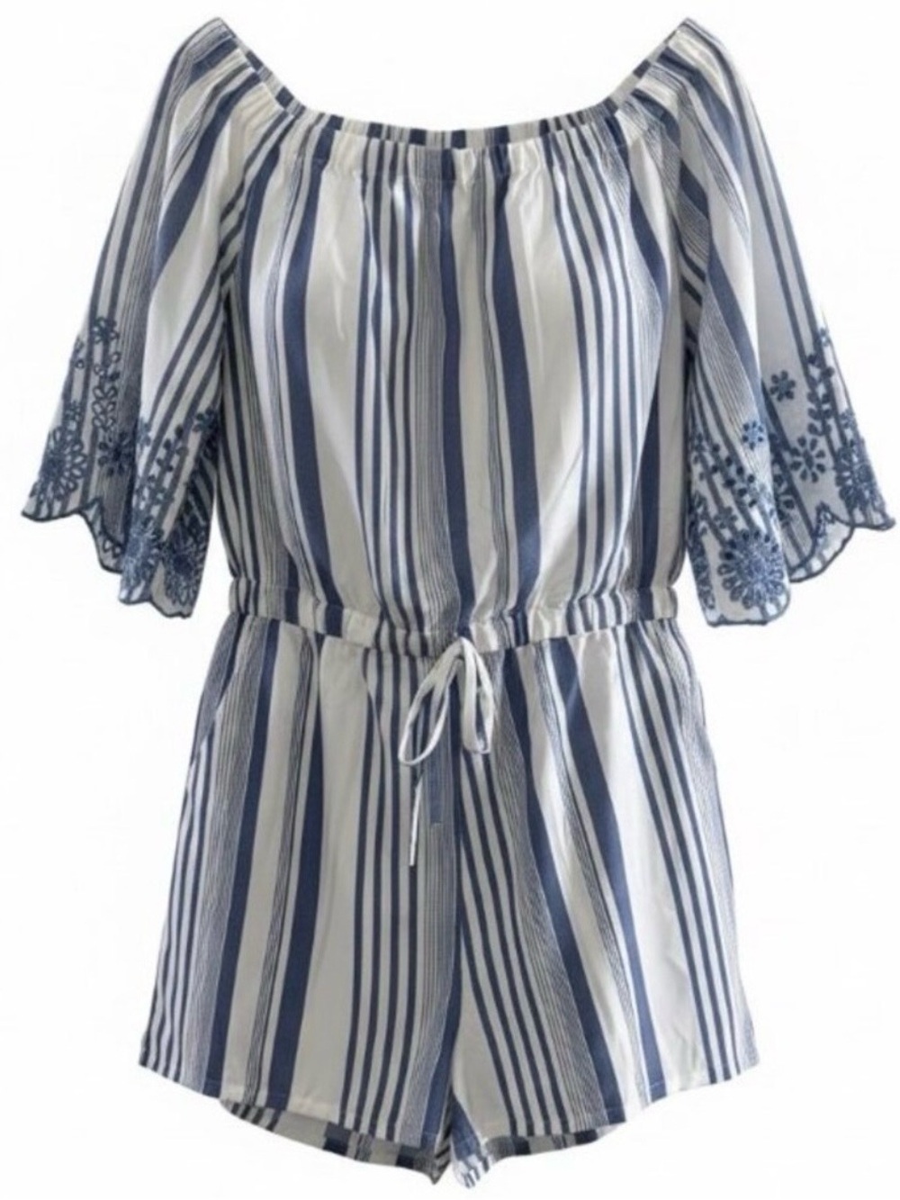 Striped Off-Shoulder Romper With Embroidered Bell Sleeves Drawstring Waist And L